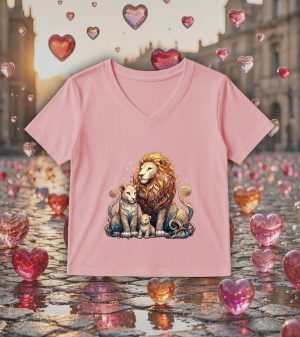 T-shirt rose col V femme vue de face Visuel Lions I - Animaux Col V Femmes / Lions ~ Loves