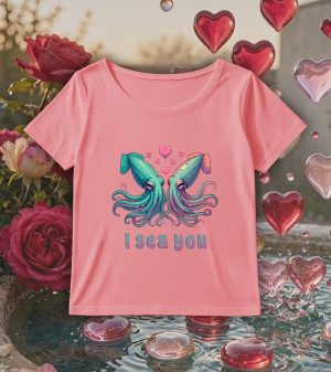 T-shirt rose col rond large femme vue de face Visuel Calamars I - Loves Col rond Femmes / Calamars ~ Loves