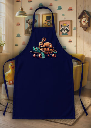 Tablier bleu marine vue de face Visuel Tortues I - Humours Tablier Tortue & Lièvre ~ Humours