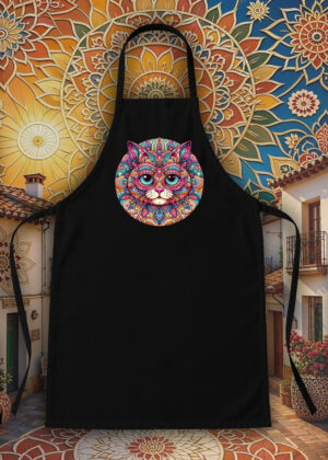 Tablier noir vue de face Chat Mandala I Tablier Chat ~ Mandala