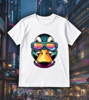 Tshirt blanc col rond homme vue de face Canards lunettes futuristes I Col rond Hommes / Canard ~ Colors Vibes