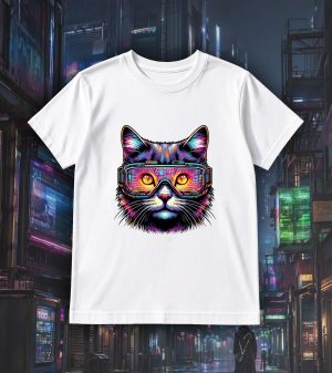 Tshirt blanc col rond homme vue de face Chats lunettes I Col rond Hommes / Chat ~ Colors Vibes