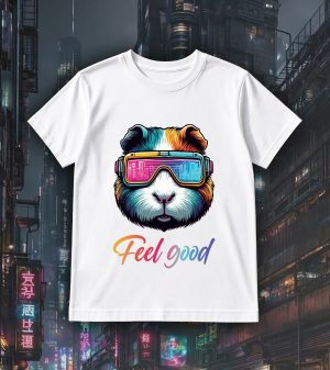 Tshirt blanc col rond homme vue de face Cochons d'Inde lunettes futuristes I Col rond Hommes / Cochon d'Inde ~ Colors Vibes