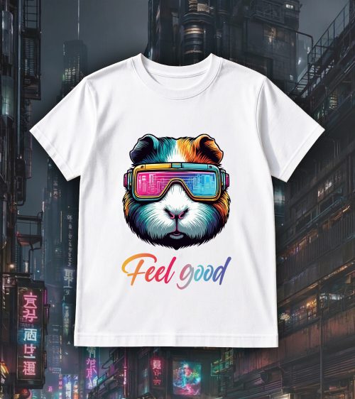 Tshirt blanc col rond homme vue de face Cochons d'Inde lunettes futuristes I Col rond Hommes / Cochon d'Inde ~ Colors Vibes