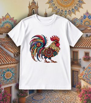 Tshirt blanc col rond homme vue de face Coq Mandala I Col rond Hommes / Coq ~ Mandala