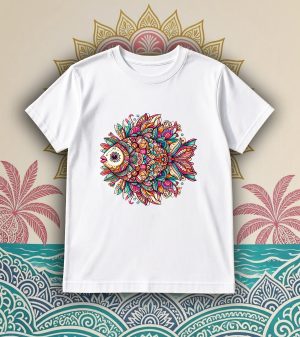 Tshirt blanc col rond homme vue de face Poisson Mandala I Col rond Hommes / Poisson ~ Mandala
