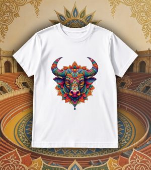 Tshirt blanc col rond homme vue de face Taureau Mandala I Col rond Hommes / Taureau ~ Mandala