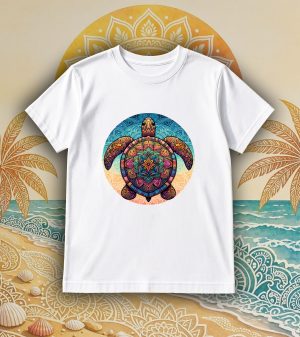 Tshirt blanc col rond homme vue de face Tortue mandala I Col rond Hommes / Tortue ~ Mandala