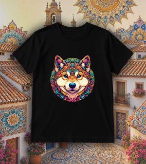Tshirt noir col rond homme vue de face Chien Mandala I Col rond Hommes / Chien ~ Mandala