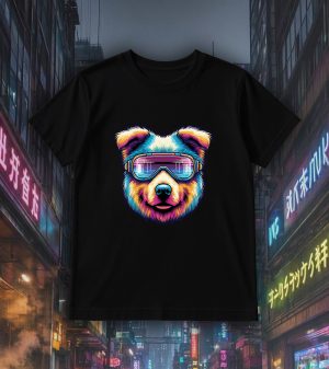 Tshirt noir col rond homme vue de face Chien lunettes futuristes I Col rond Hommes / Chien ~ Colors Vibes