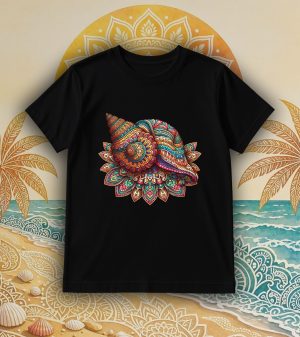 Tshirt noir col rond homme vue de face Coquillage mandala I Col rond Hommes / Coquillage ~ Mandala