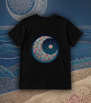 Tshirt noir col rond homme vue de face Lune mandala I Col rond Hommes / Lune I ~ Mandala