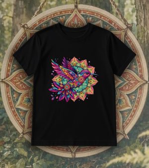 Tshirt noir col rond homme vue de face Oiseaux Mandala I Col rond Hommes / Oiseaux ~ Mandala