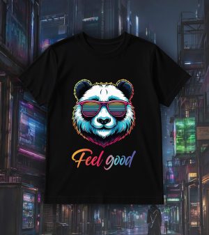 Tshirt noir col rond homme vue de face Panda lunettes futuristes I Col rond Hommes / Panda ~ Colors Vibes