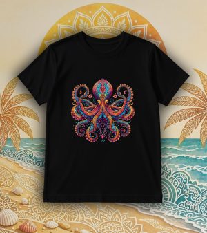 Tshirt noir col rond homme vue de face Pieuvre Mandala I Col rond Hommes / Pieuvre ~ Mandala