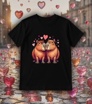 Tshirt noir col rond homme vue de face Visuel Capybaras amoureux I - Loves Col rond Hommes / Capybaras ~ Loves